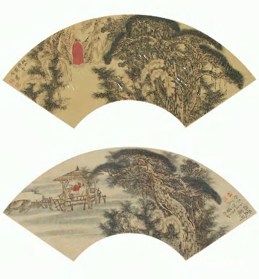 王明明 秋山会友图（一对） 扇面15×46×2cm