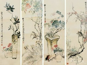 吴寿埏 花卉 四屏