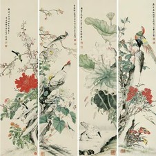 李荷生 花鸟 四屏