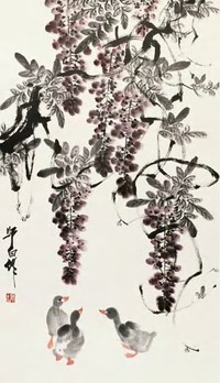 娄师白 紫藤小鸭 立轴