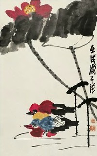 崔子范 1982年作 荷花鸳鸯 立轴