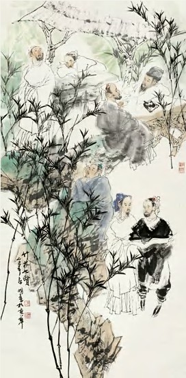 王明明 1985年作 竹林七贤图 立轴136×66cm