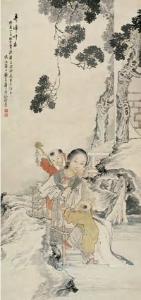 钱慧安 1873年作 弄璋叶吉 立轴