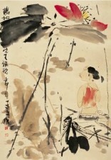 王孟奇 壬申（1992年）作 美人荷花 镜心