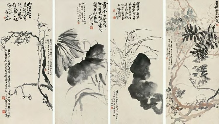 吴昌硕 壬寅（1902年）作 花卉 四屏92.5×40cm×4