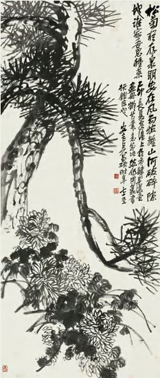 吴昌硕 乙卯（1915年）作 松菊 立轴138×58cm