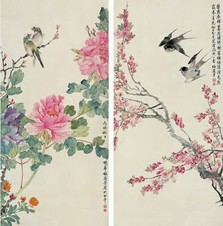 梅兰芳 丙戌（1946年）作 花鸟 对屏