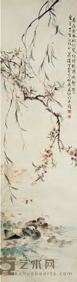 丁宝书 桃花鸳鸯 立轴 149.5×41cm