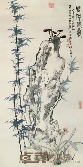 张大千 1974年作 芝仙祝寿 镜心 135.5×69cm