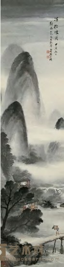 吴石僊 1914年作 溪桥烟雨 立轴 133×32cm