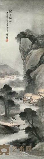 吴石僊 1909年作 烟雨归村 立轴 144×40cm