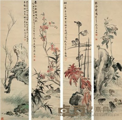 沈一斋 1948年作 花鸟 四屏 132×32.5cm×4