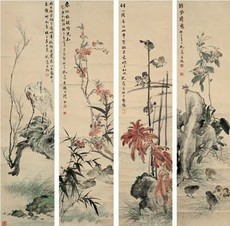 沈一斋 1948年作 花鸟 四屏