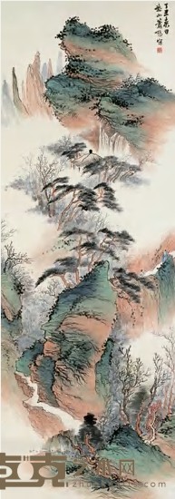 萧愻 1937年作 秋林山色 立轴 130.5×46cm