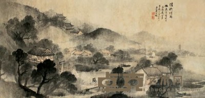 吴石僊 1909年作 溪桥烟雨 横幅 63×131.5cm