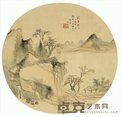 胡石查 1885年作 溪亭秋色 园光片 直径25.5cm