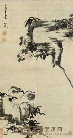 八大山人 1705年作 竹石鸳鸯 立轴 121.5×64.5cm