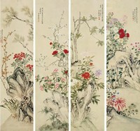 钱维城 花卉 四屏