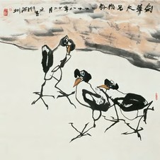 江文湛 1998年作 花鸟 镜心