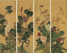 马荃 四季花鸟画 （四屏）