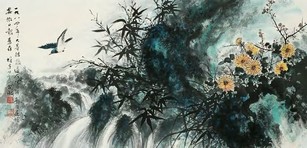 黎雄才 1984年作 幽谷飞禽 镜心