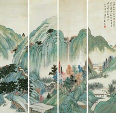 朱昂之 丁酉（1897）年作 山水通景 四屏