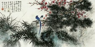 黎雄才 庚申（1980）年作 梅竹佳禽 镜心