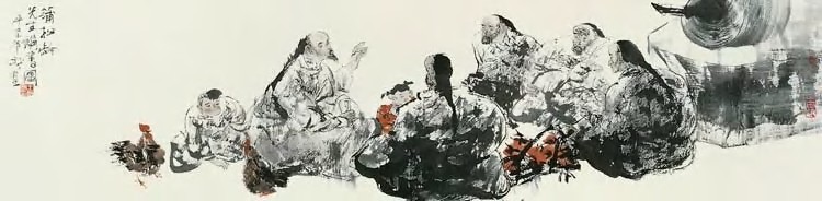 王明明 辛未（1991）年作 蒲松龄讲书图 镜心34×137cm