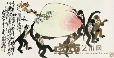 徐培晨 甲申（2004）年作 六猴献寿 镜心 69.5×138cm