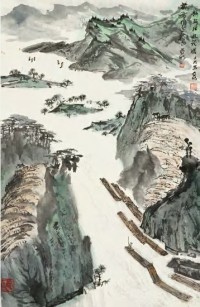 亚明 壬戌（1982）年作 新安江放筏图 立轴