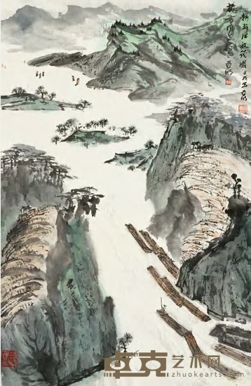 亚明 壬戌（1982）年作 新安江放筏图 立轴 68×44.5cm