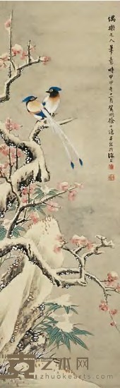 徐小隐  甲申（1944）年作 花鸟 立轴 100.5×32cm