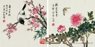 金梦石 丙戌（1946）年作 花鸟双挖 立轴 22.5×22.5cm×2