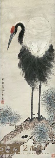 居廉 丙子（1876）年作 松龄鹤寿图 立轴 93×33cm