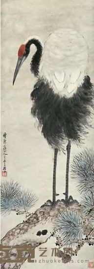 居廉 丙子(1876)年作 松龄鹤寿图 立轴 93×33cm