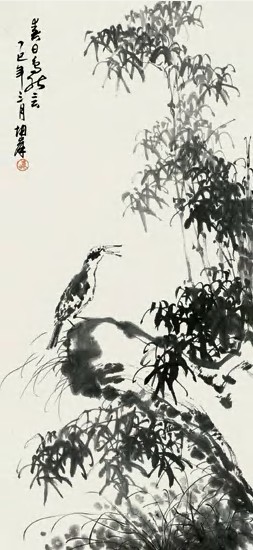 卢坤峰 丁巳（1977）年作 春日鸟能言 立轴97.5×45.5cm