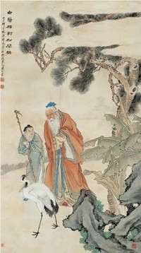 黄山寿 丁巳（1917）年作 白须相对松间鹤 立轴