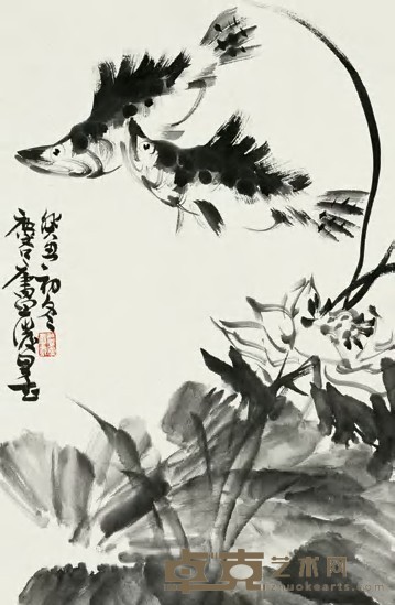 许麟芦 癸丑（1973）年作 荷花鳜鱼 立轴 67×44cm