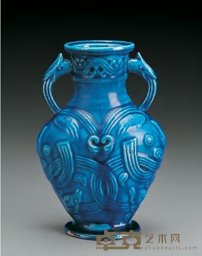 清乾隆 孔雀蓝釉双龙纹象耳瓶 6.9×6.2×19.5cm