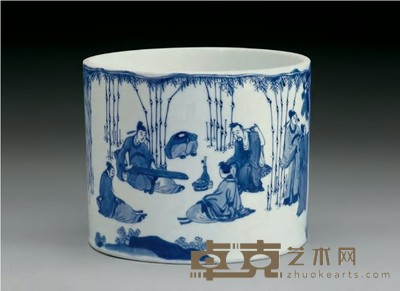清康熙 青花竹林七贤图笔筒 18×14.5cm