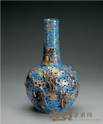 清 吹釉雕瓷十八罗汉图球瓶 5×34.5cm