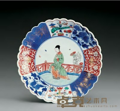 清康熙 五彩人物纹花口碟 直径22cm