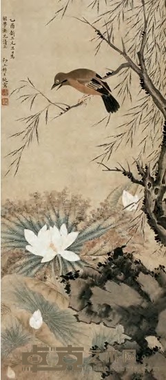 朱纯 乙酉（1825）年作 白莲小雀 立轴 108×47.5cm