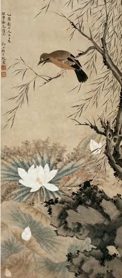 朱纯 乙酉（1825）年作 白莲小雀 立轴