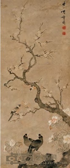 胡湄 梅树鸣禽 立轴 114×48cm