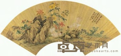 张熊 壬申（1872）年作 秋色双鸡 扇面 19×53.5cm