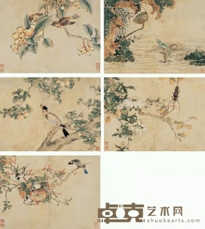 沈铨 花鸟集锦（五挖） 立轴 28×38.5cm×5