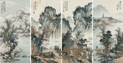 袁松年 戊子（1948）年作 四季山色（四件） 镜心 68×32.5cm×4