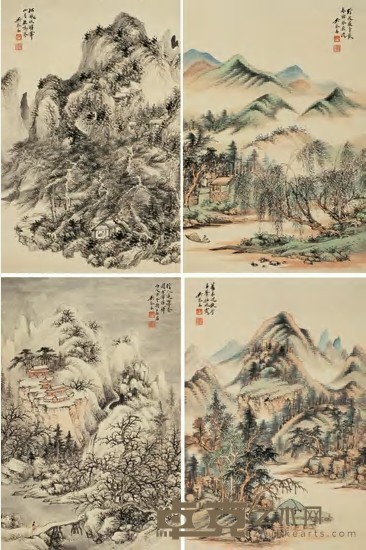 吴琴木 丙戌（1946）年作 四时山水（四件） 屏轴 48×32.5cm×4