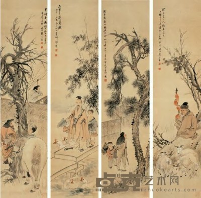 倪田 丙午（1906）年作 人物故事（四件） 镜心 132×33cm×4